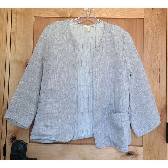 Eileen Fisher Gray Linen Crop Cardigan Jacket Pockets XS Minimalist Lagenlook - Picture 1 of 7